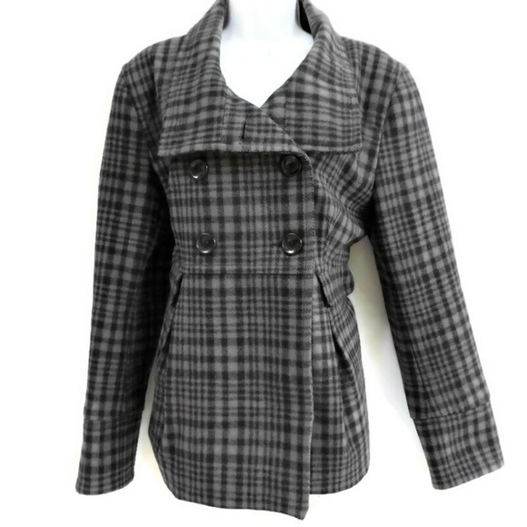 WooL Old Navy Peacoat Plaid Double Breasted PoCKeTS WooL Blend Grey Lined Retro - Picture 2 of 6